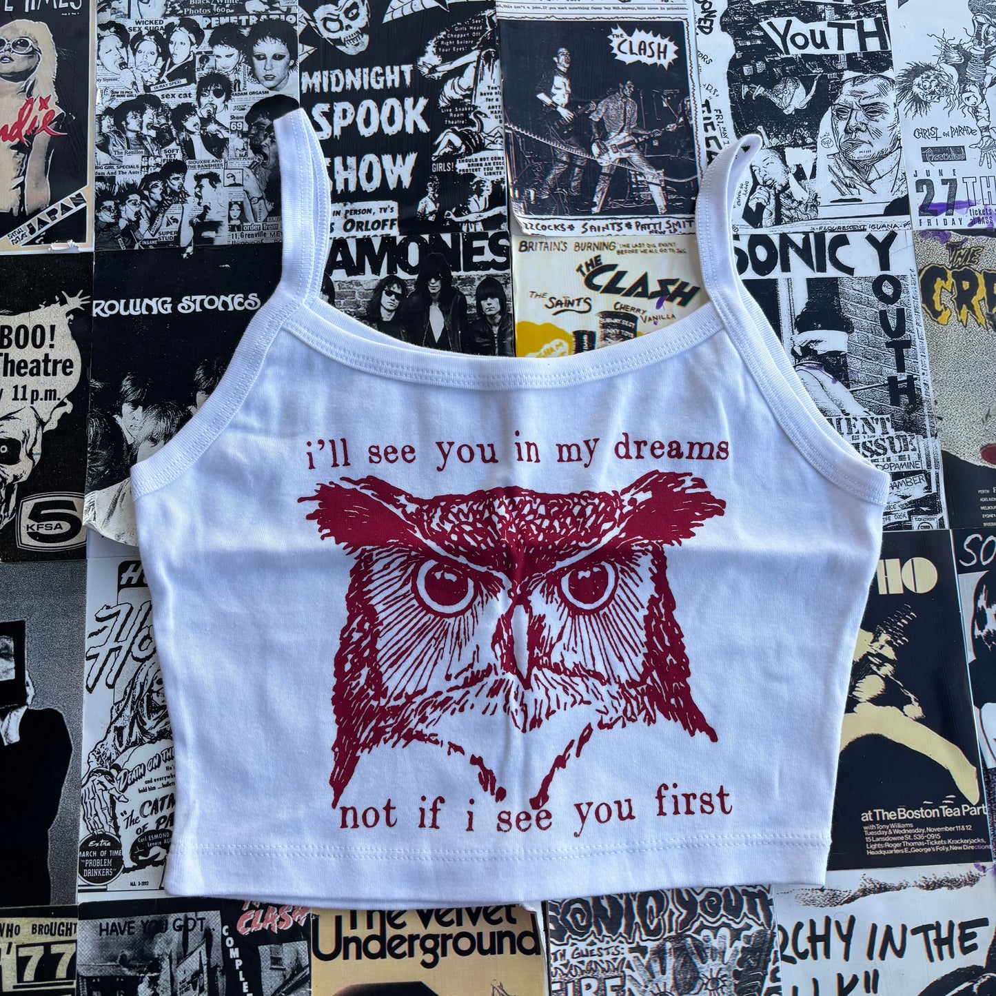 Twin peaks white/red crop tank SM/MED