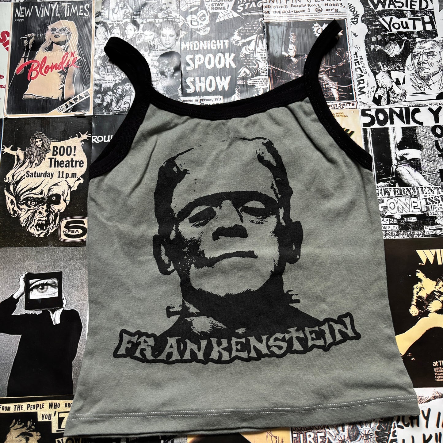 Frankenstein olive/black tank MEDIUM