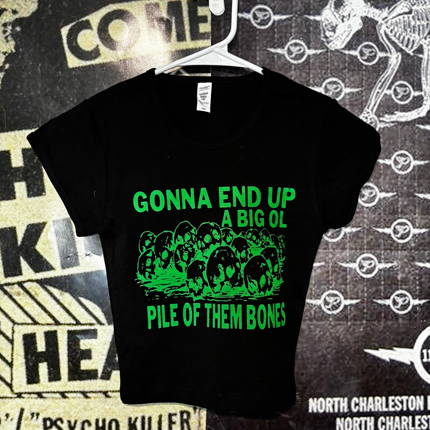them bones black/green crop baby tee XS