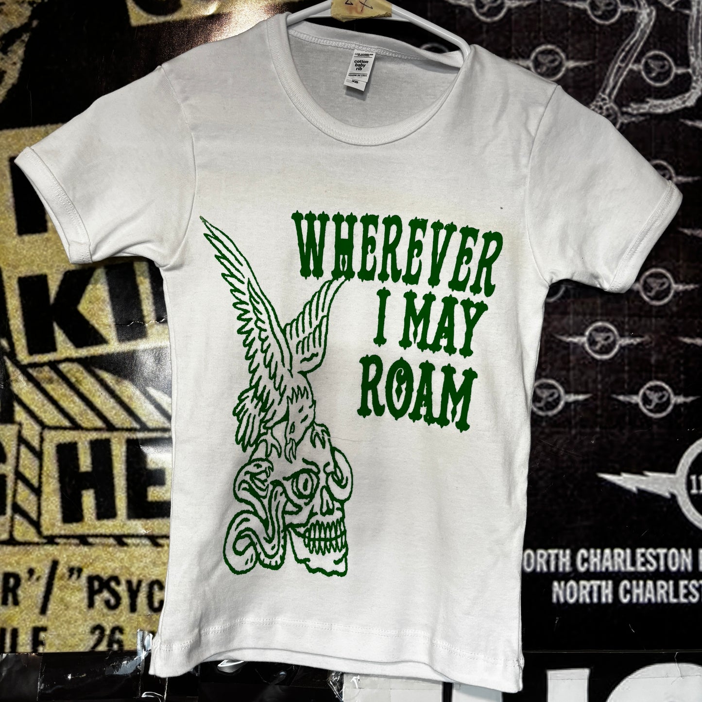 wherever roam white/green long baby tee XS