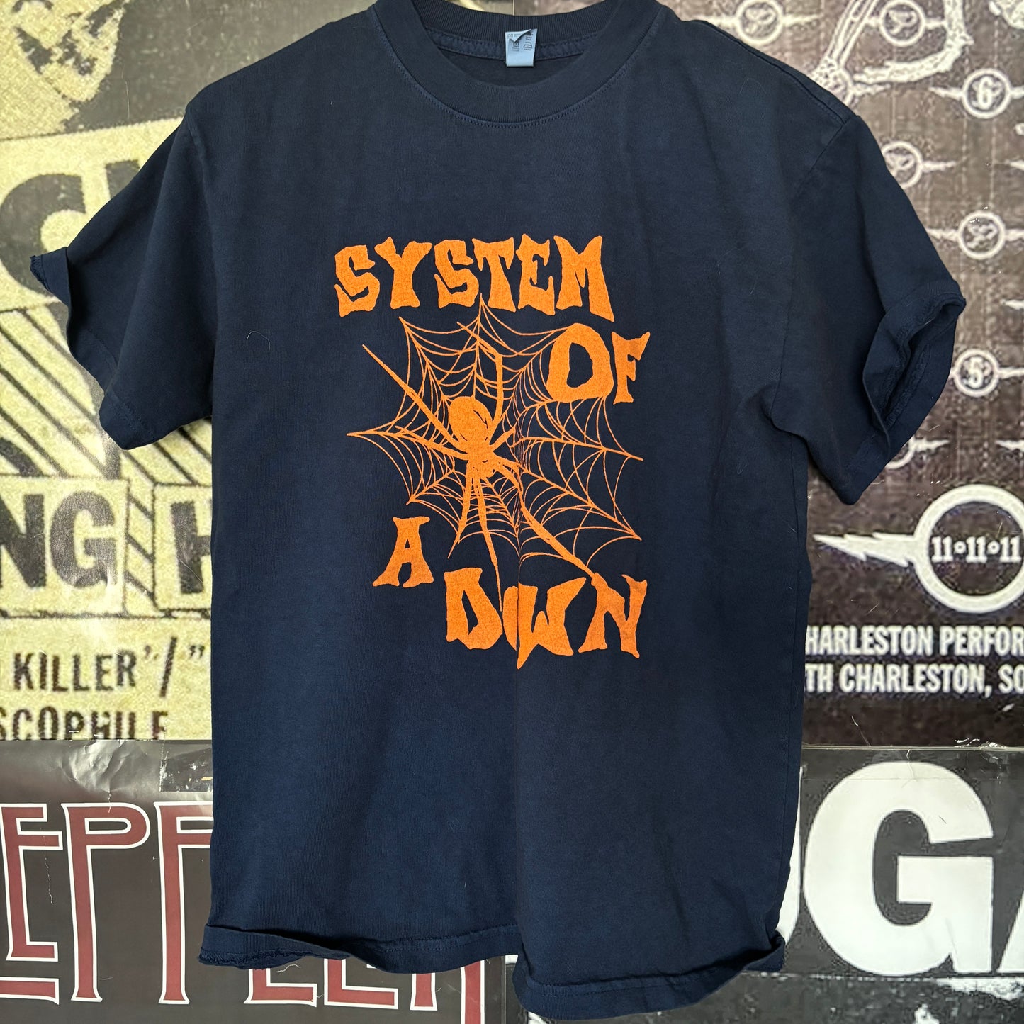 SYSTEM WEBS dark navy/orange slim tee MED