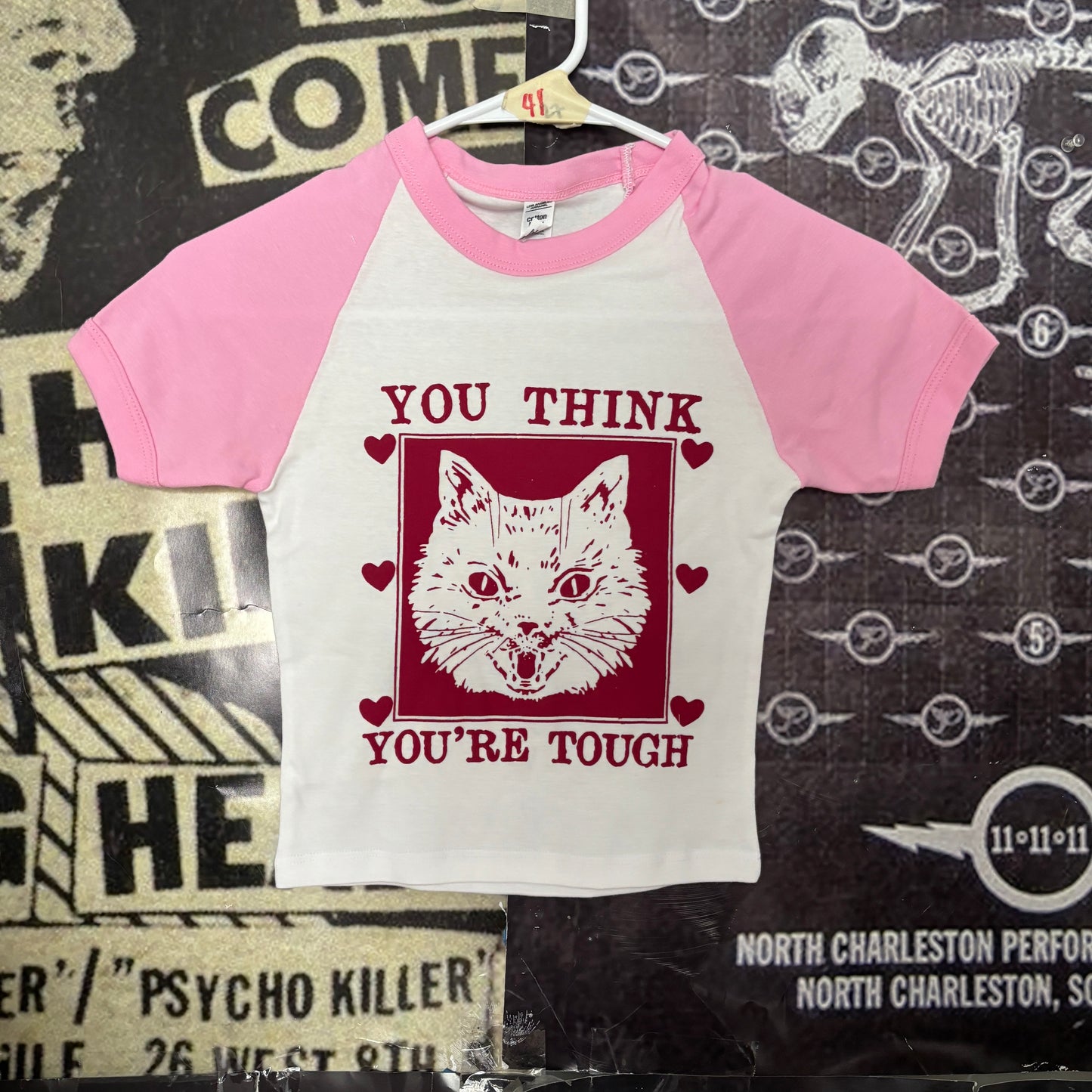 tough cat pink/red raglan baby tee XSMALL
