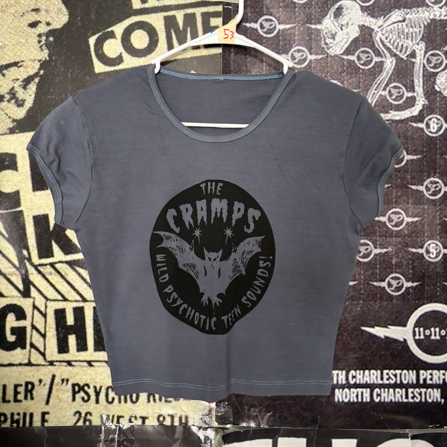 THE CRAMPS BLUE/GREY CROP BABY TEE LARGE