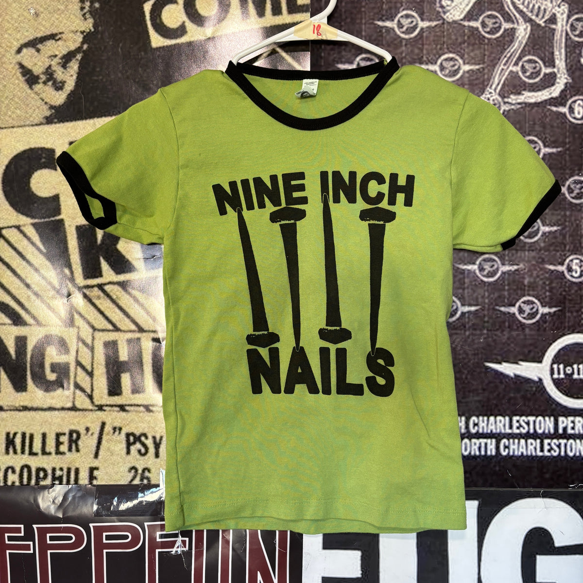 NINE green/black ringer long baby tee