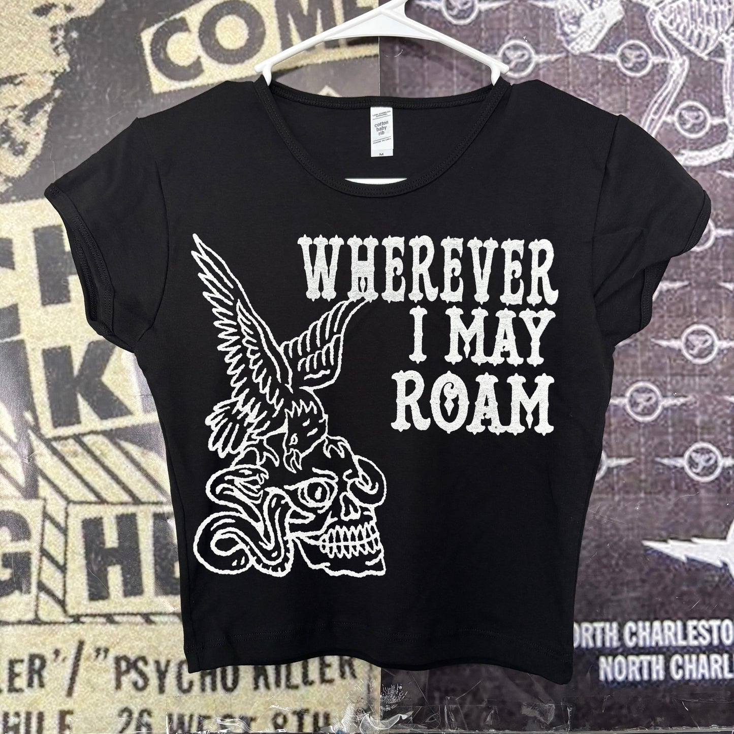 Wherever roam black crop baby tee