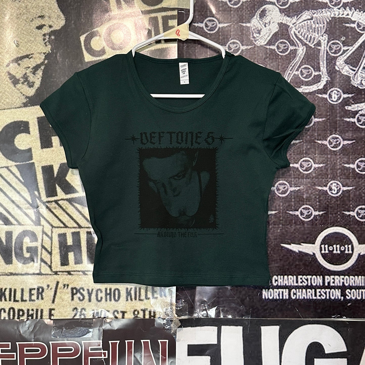 Deftones forest green crop baby tee