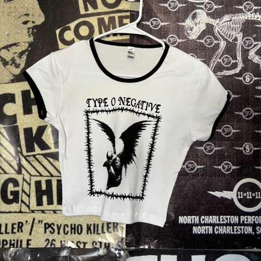 Type o negative black/white ringer crop baby tee