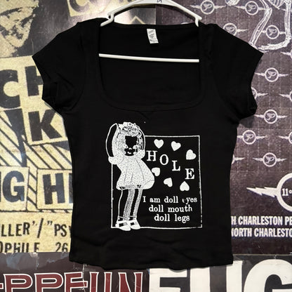 Hole doll parts black square neck baby tee