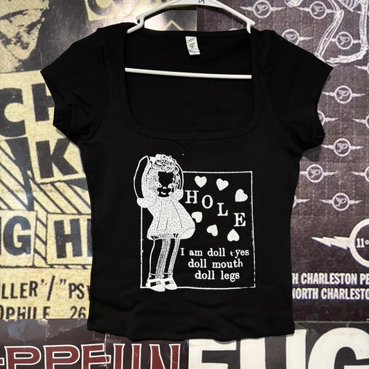 Hole doll parts black square neck baby tee