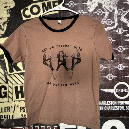poison arms brown long ringer baby tee LAR/XLAR (ready)