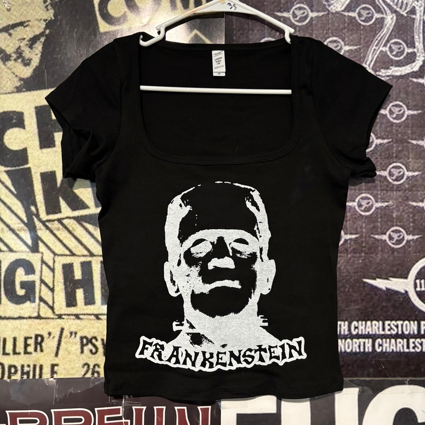 Frankenstein black square neck baby tee