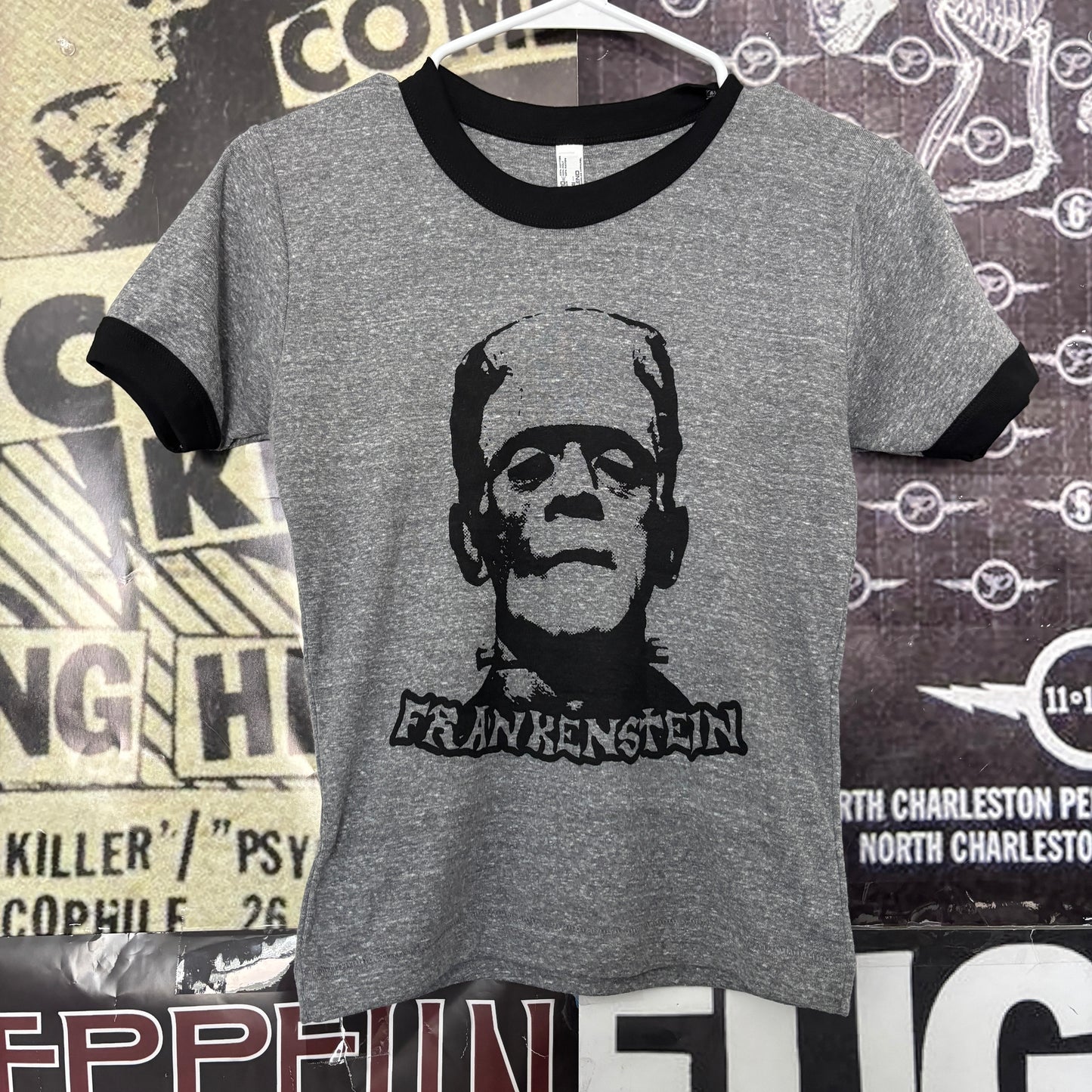 Frankenstein black/grey ringer baby tee