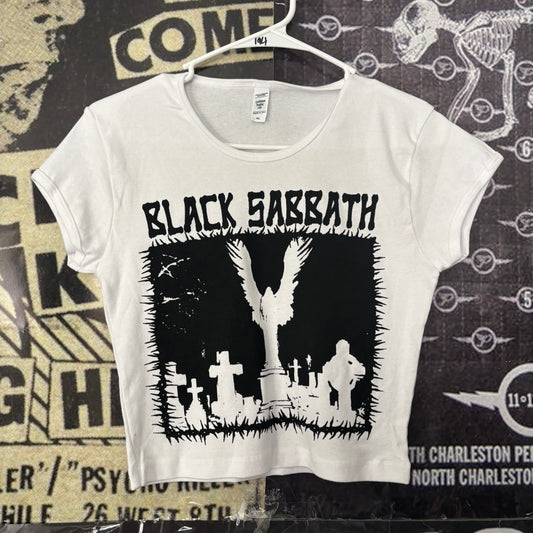 Black Sabbath white crop baby tee