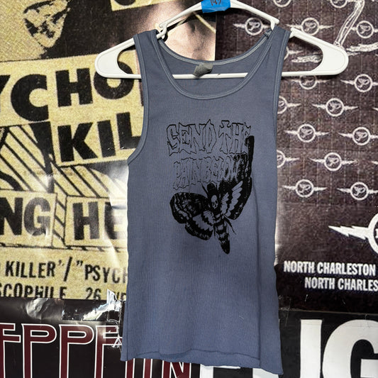 Pain below blue ribbed tank top SM/MED