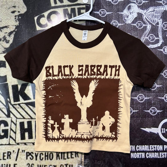 Black sabbath brown raglan crop baby tee