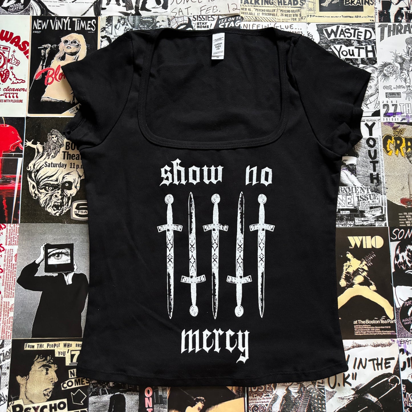 No mercy black square neck baby tee