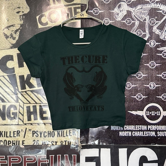 The cure cats forest green crop baby tee