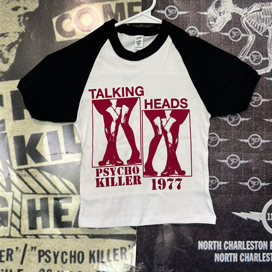 Talking heads black+white raglan baby tee XS