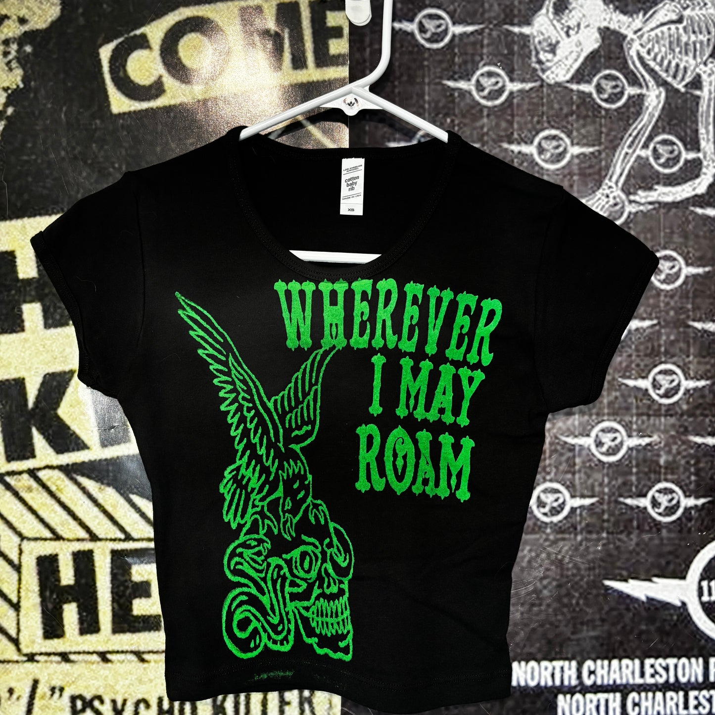 wherever roam black/green crop baby tee XS