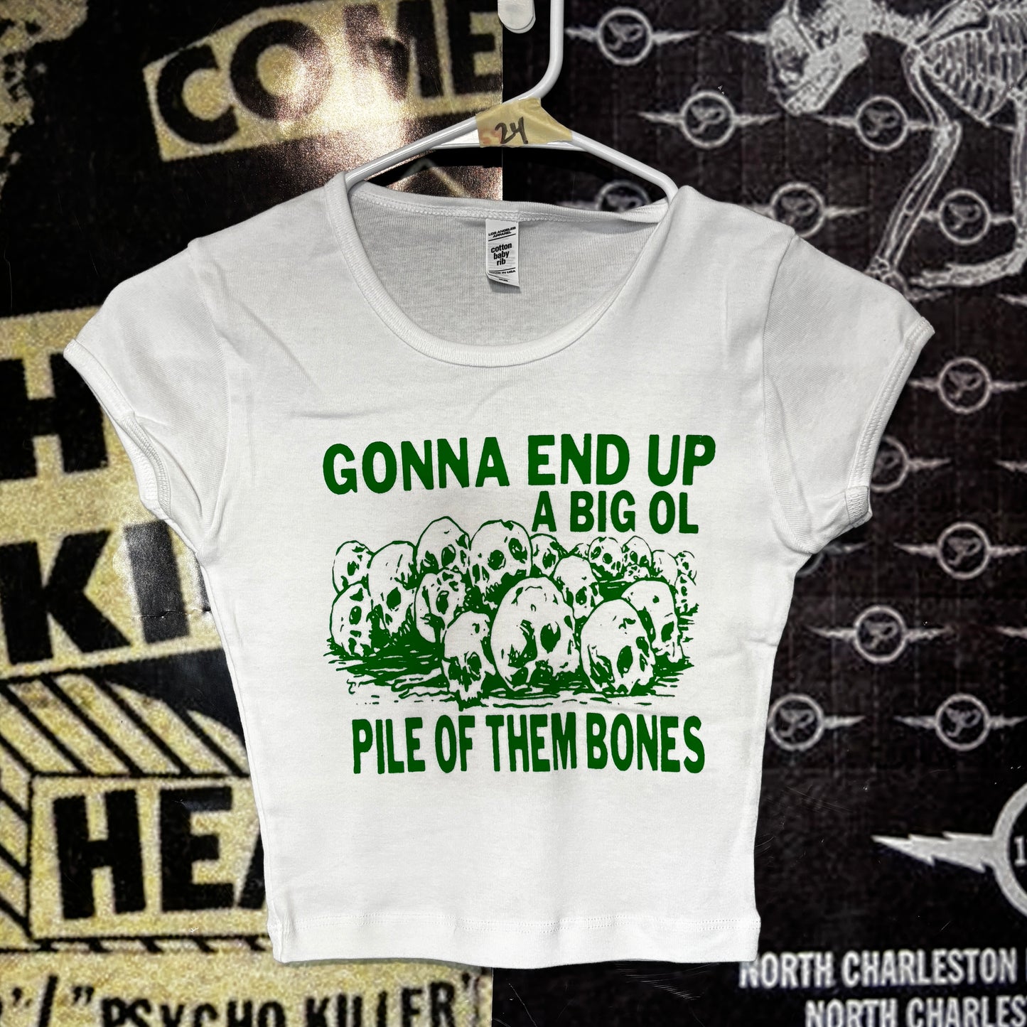 them bones white/green crop baby tee XS