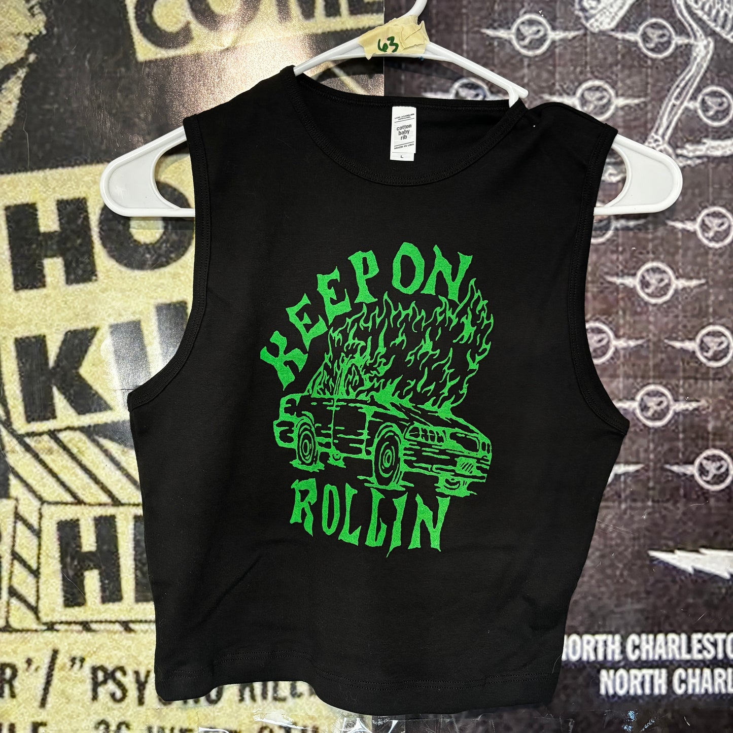 rollin' black/green crop tank top MED/LAR