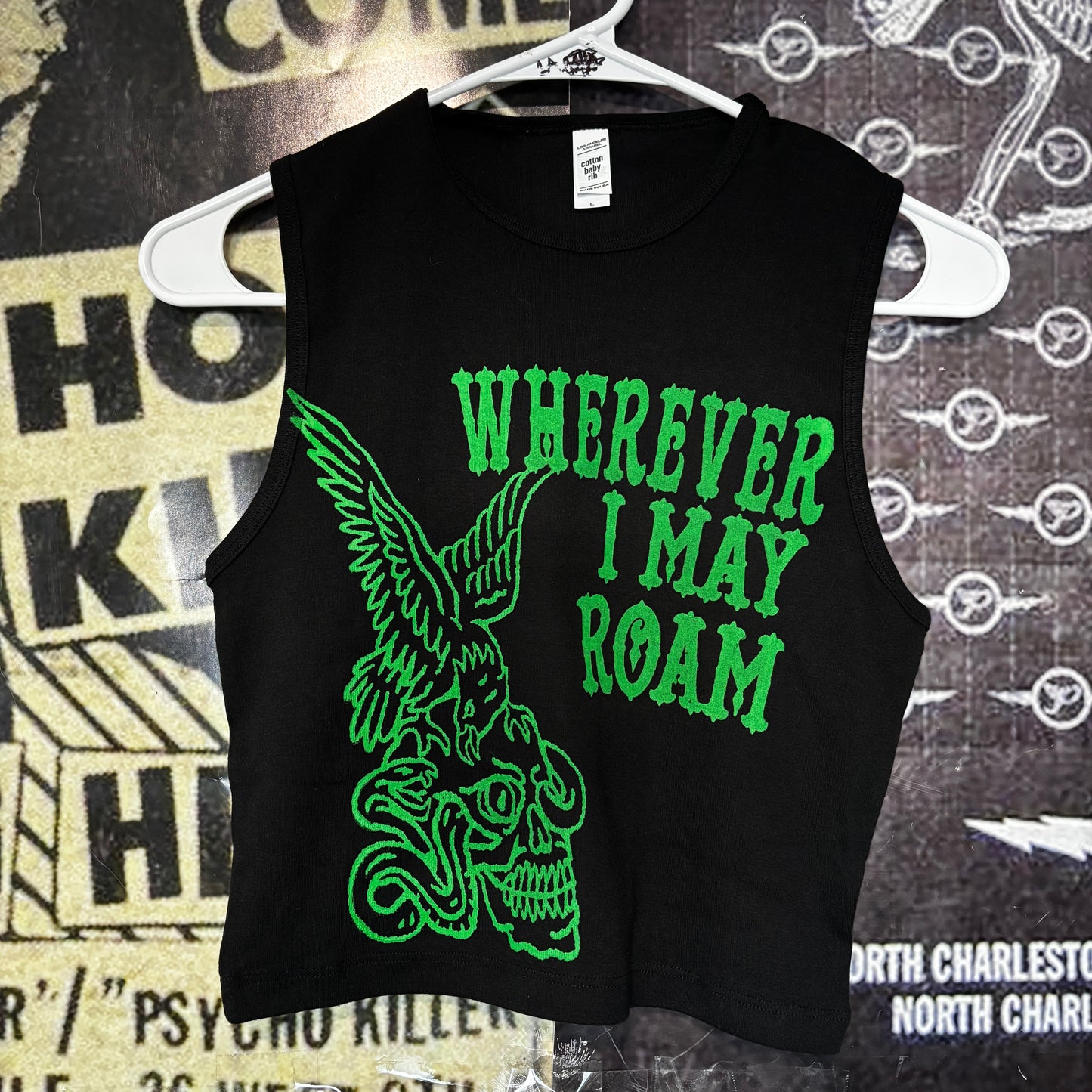 wherever roam  black/green crop tank top MED/LAR