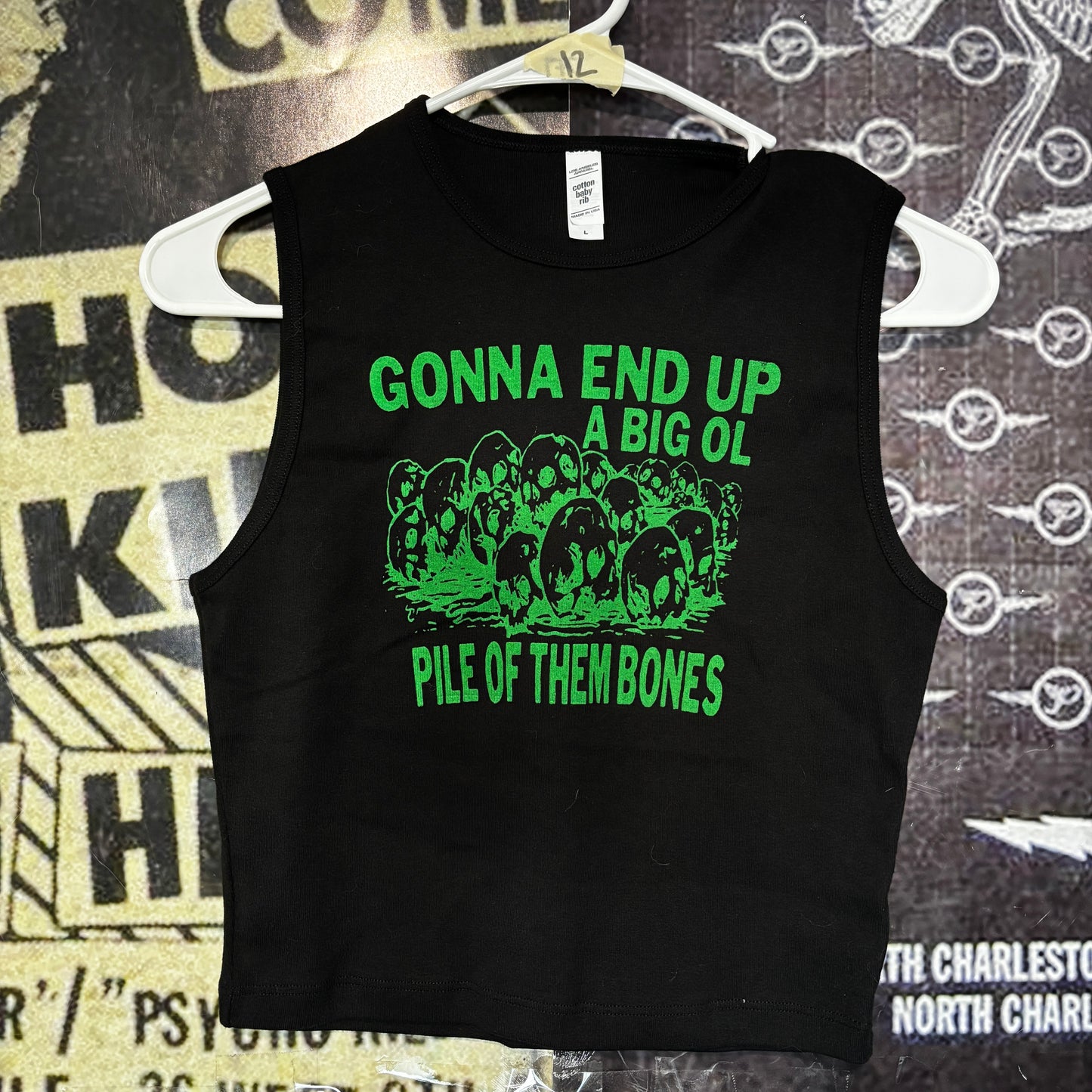 them bones black/green crop tank top MED/LAR