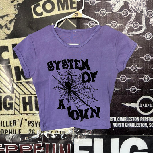 SYSTEM WEBS purple crop baby tee SM/MED