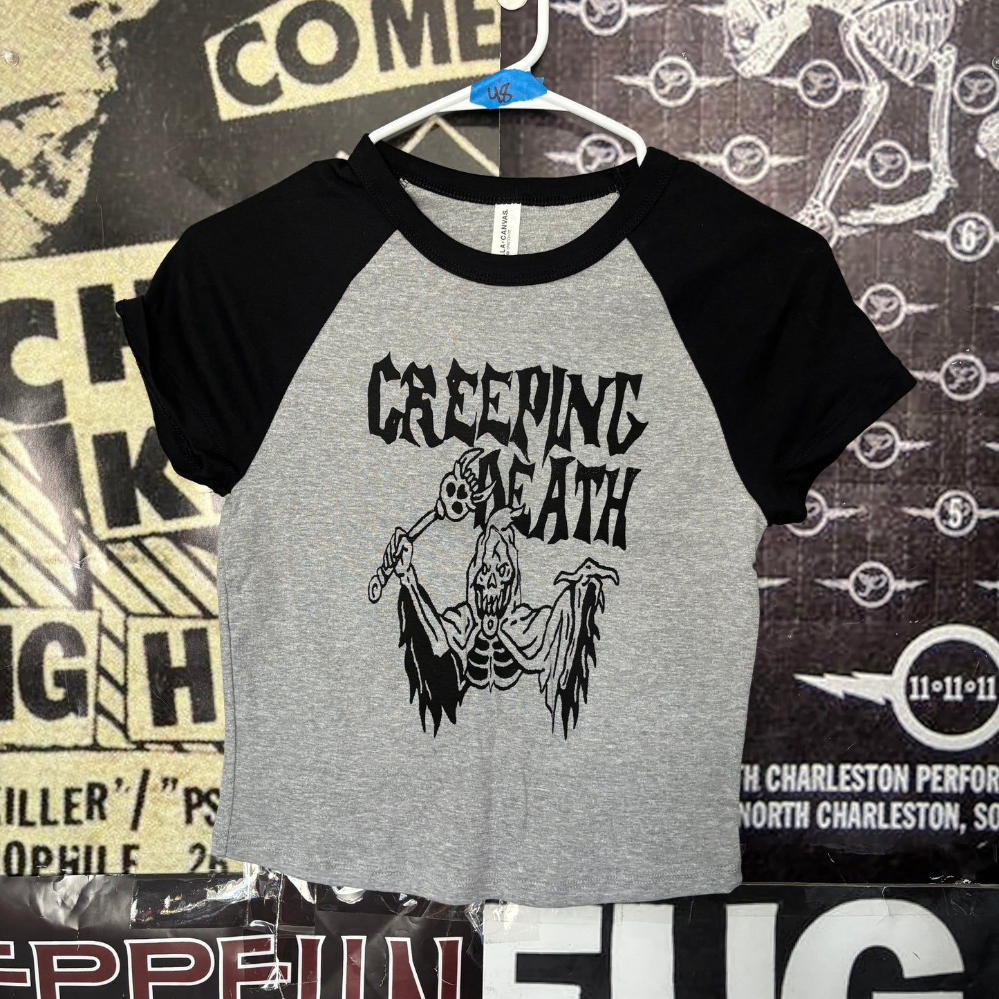 CREEPING DEATH grey/black raglan crop baby tee SM/MED