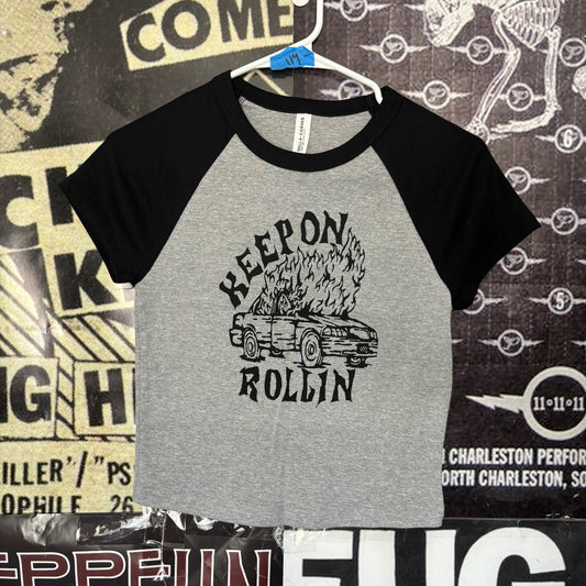 ROLLIN grey/black raglan crop baby tee SM/MED