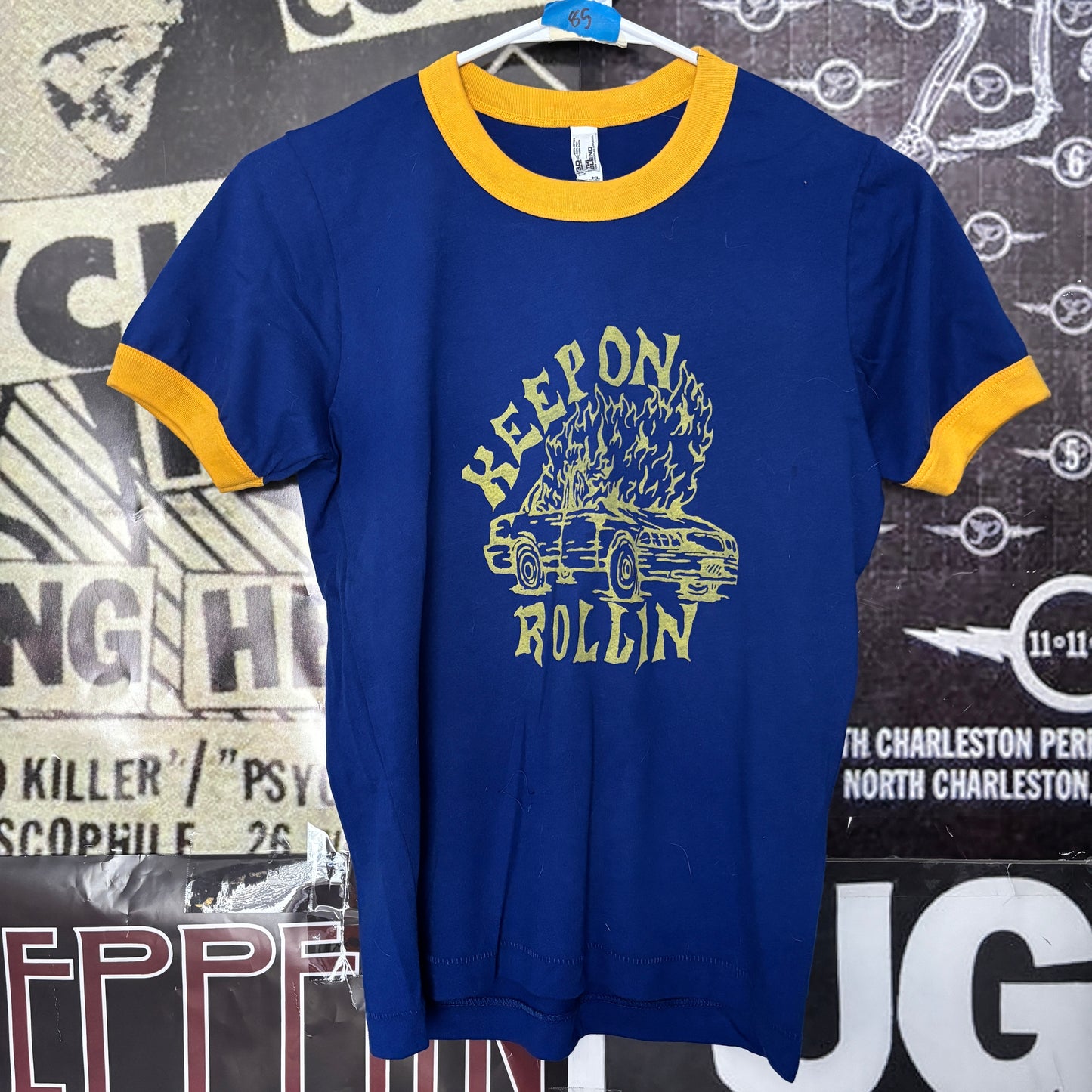 ROLLIN blue/yellow ringer baby tee LAR/XL