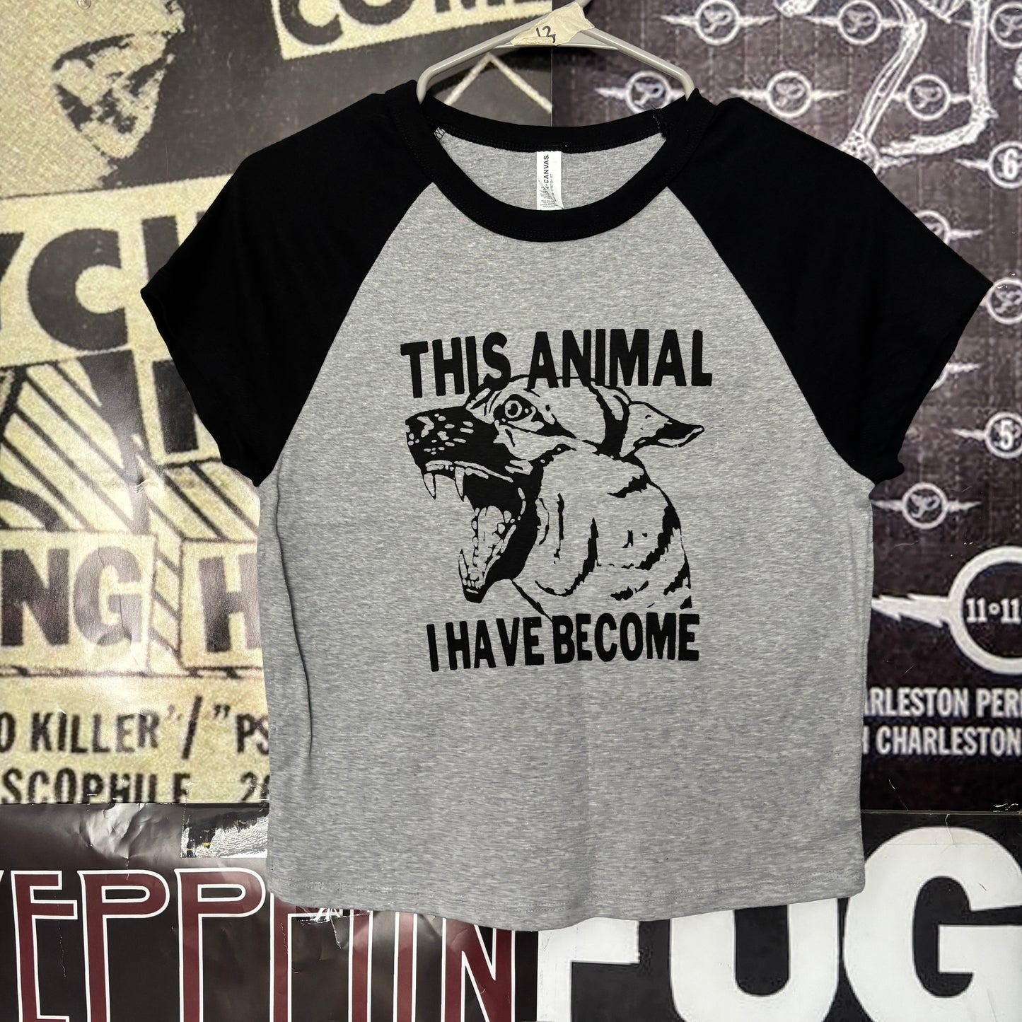 ANIMAL black/grey raglan crop baby tee LAR/XL