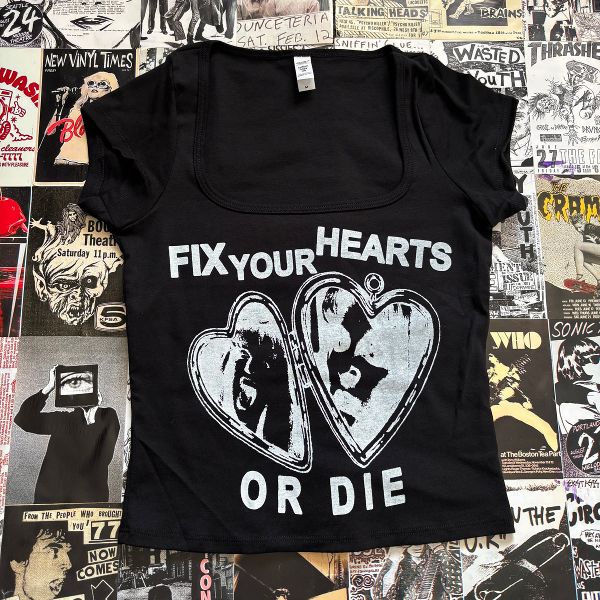 TWIN HEART black square neck baby tee