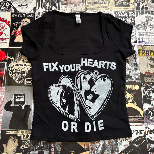 TWIN HEART black square neck baby tee