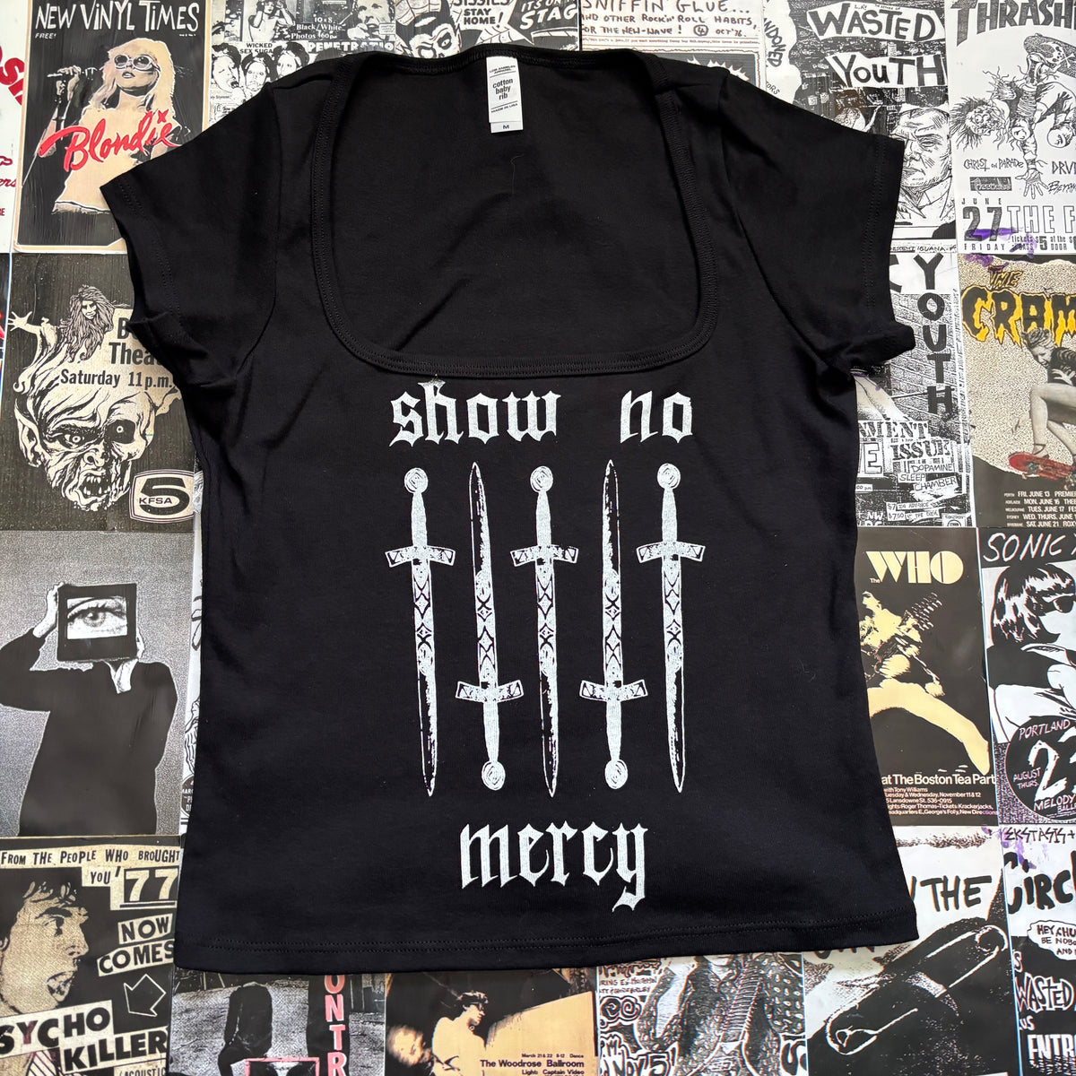 NO MERCY black square neck baby tee