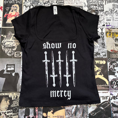 NO MERCY black square neck baby tee