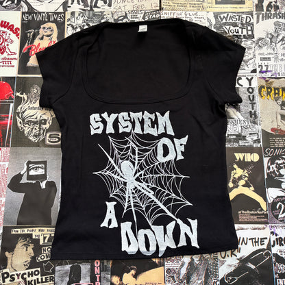 SYSTEM WEBS black square neck baby tee