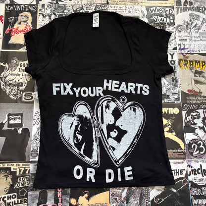 TWIN HEART black square neck baby tee