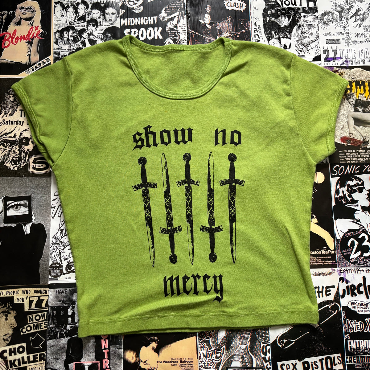 NO MERCY green/black crop baby tee SM/MED