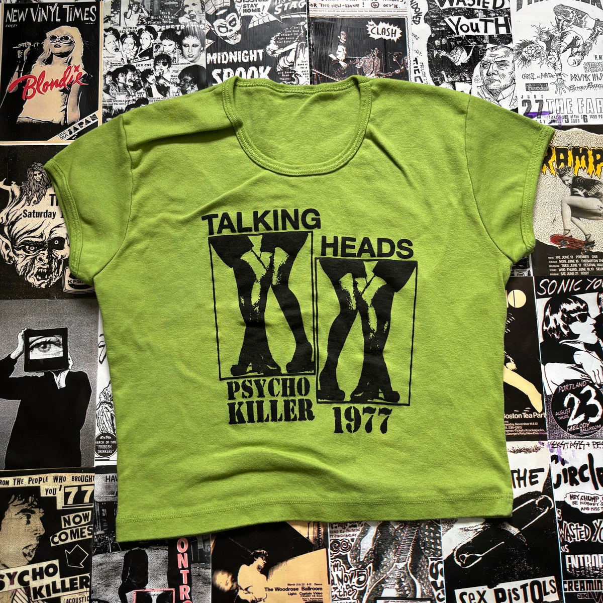TALKING green/black crop baby tee SM/MED